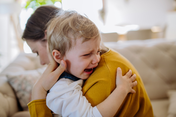 A mother consoling her little upset daughter at home.