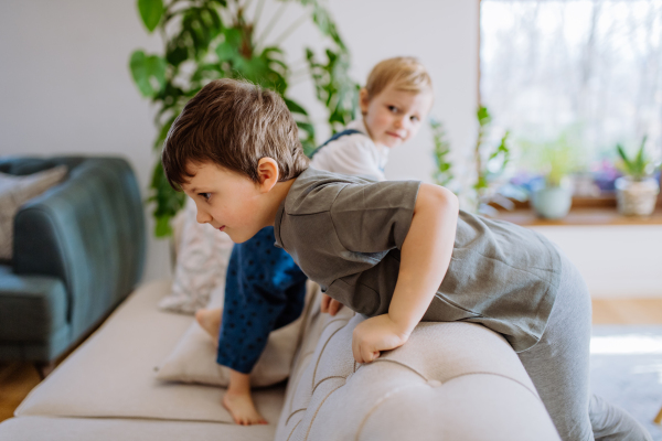 A little siblings playing in living room together, climbing and jumping on sofa.