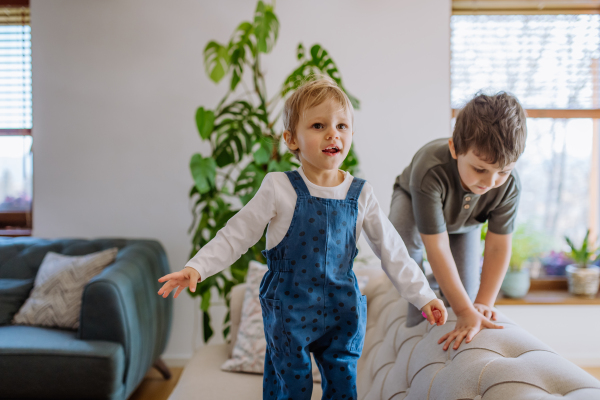 A little siblings playing in living room together.