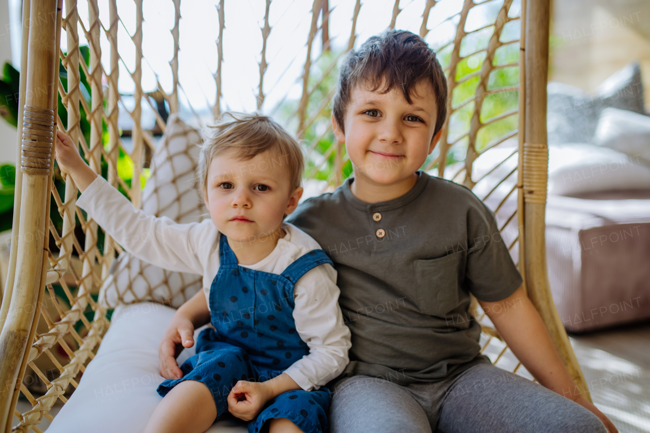 Little siblings playing, having fun and swinging on a hanging chair in conservatory at home.