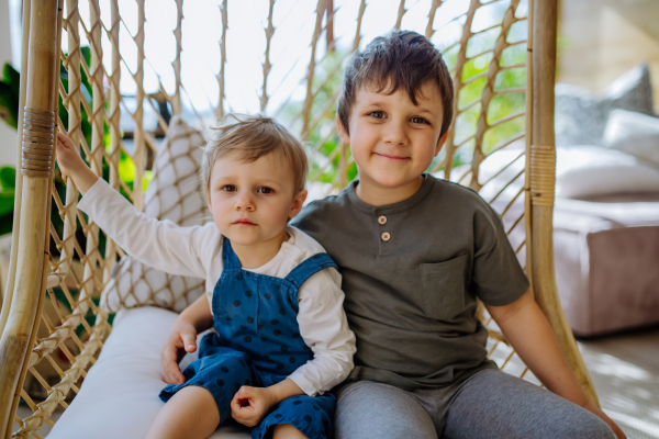 Little siblings playing, having fun and swinging on a hanging chair in conservatory at home.