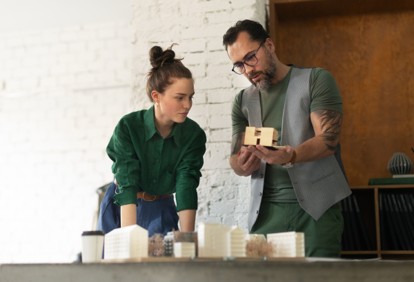 Young colleagues working as architects in the office.