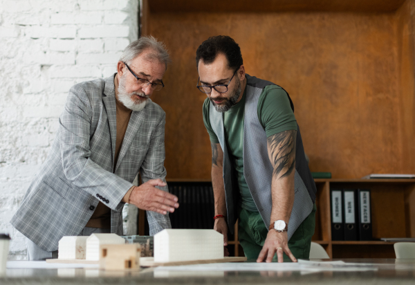 Young architect consulting project with a senior client. New architect getting advice from a senior colleague.