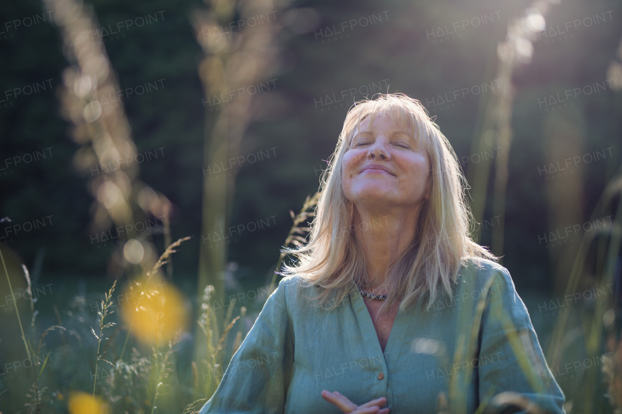 A senior woman with face up meditating at park on summer day, mental health concept.