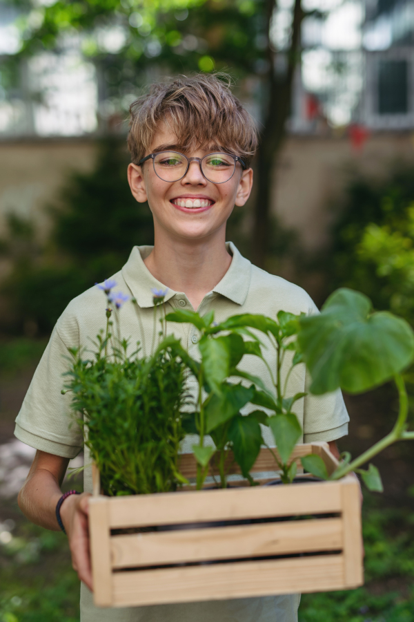 Portrait of schoolboy crate with seedlings in school garden during outdoor sustainable education, class in forest school.