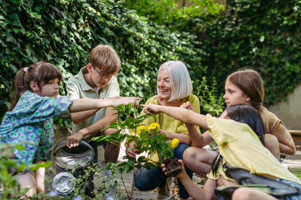 Young kids taking care of plants in school garden during at outdoor sustainable education class, planting flowers, herbs and vegetables. Concept of experiential learning, ecoliteracy.