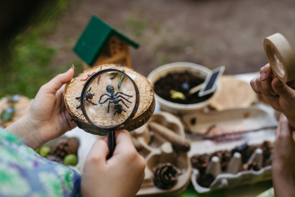 Children looking at models of insect, learning about wildlife during outdoor sustainable educational class, using magnifying glass.