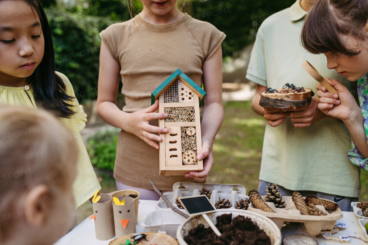 Insect hotel as educational tool for children in outdoor sustainable educational class. Young students learning about insect and biodiversity, holding wooden bug house.