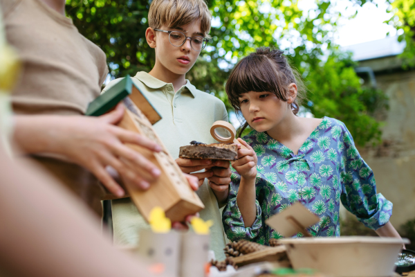 Children looking at models of insect, learning about wildlife during outdoor sustainable educational class, using magnifying glass.