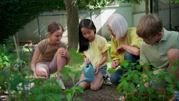 Students and female teacher at outdoor sustainable education class. Kids taking care of plants in school garden. Concept of experiential learning, ecoliteracy.