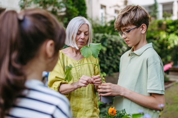 Teacher showing young students how to plant vegetable seedlings during outdoor sustainable education, lesson in forest school.