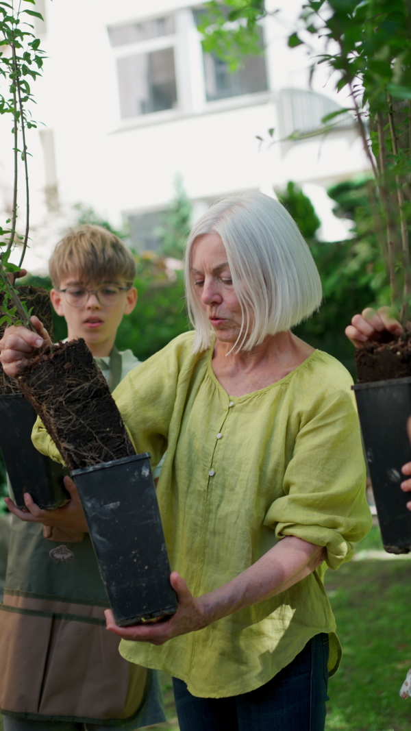 Students and female teacher at outdoor sustainable education class. Kids taking care of plants in school garden. Concept of experiential learning, ecoliteracy.