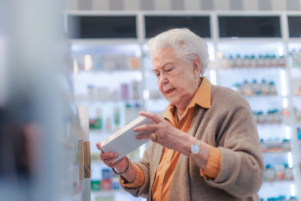 Senior woman reading text on the medication box, standing in pharmacy store.