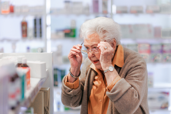 Senior woman reading text on the medication box, standing in pharmacy store.