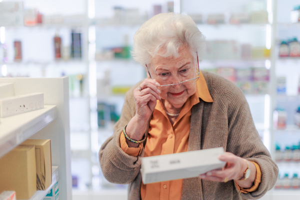 Senior woman reading text on the medication box, standing in pharmacy store.