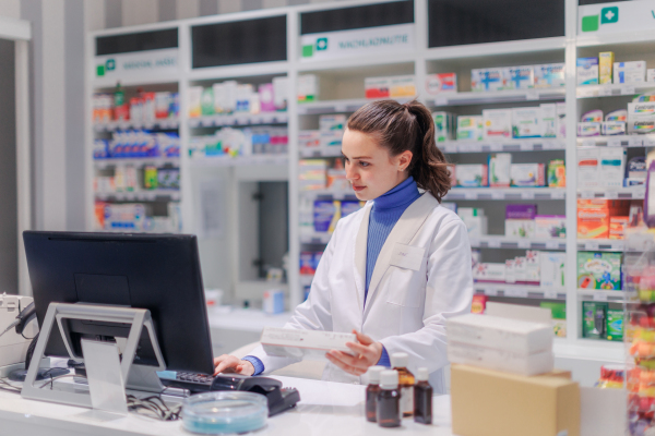 Portrait of a young pharmacist selling medication.