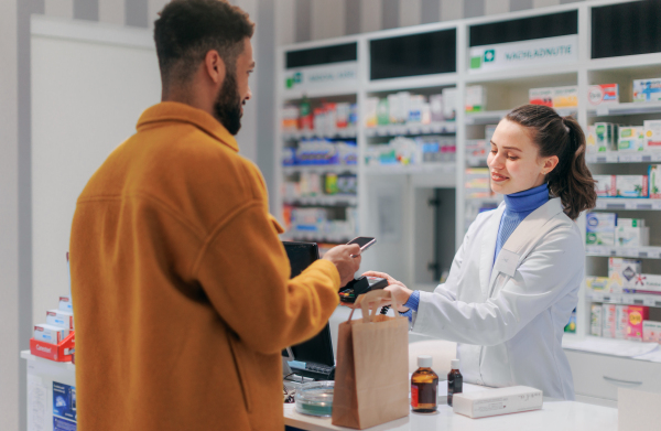 Young multiracial man paying for medication in a pharmacy.