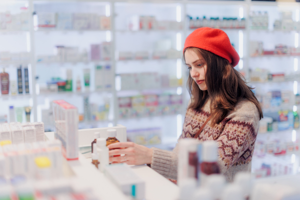 Young woman choosing a medication in a pharmacy store.