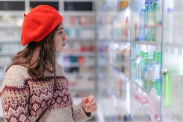 Young woman choosing a medication in a pharmacy store.