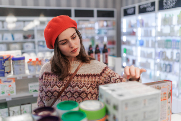 Young woman choosing a medication in a pharmacy store.