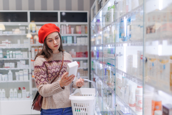 Young woman choosing a medication in a pharmacy store.