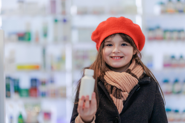 Portrait of little girl holding medicine in a pharmacy store.