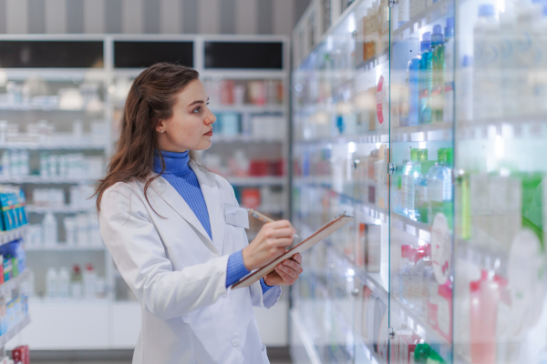 Young pharmacist checking medicine stock in a pharmacy.