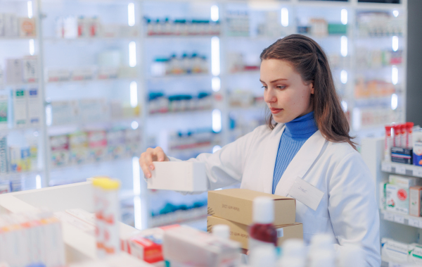 Young pharmacist checking medicine stock in a pharmacy.