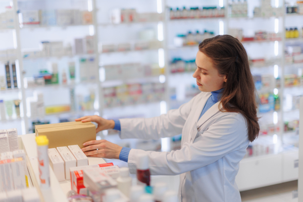 Young pharmacist checking medicine stock in a pharmacy.