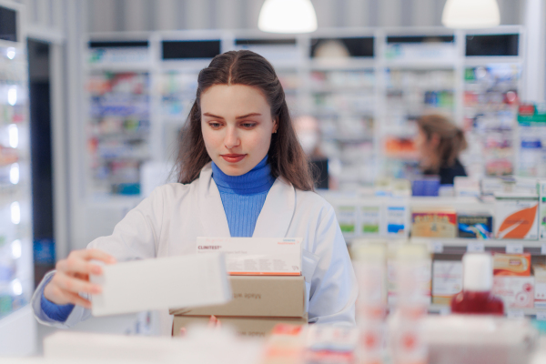 Young pharmacist checking medicine stock in a pharmacy.