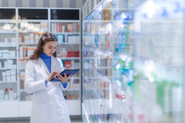 Young pharmacist checking medicine stock in a pharmacy.