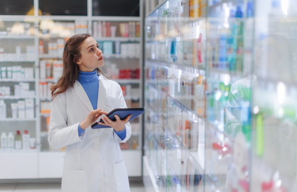 Young pharmacist checking medicine stock in a pharmacy.