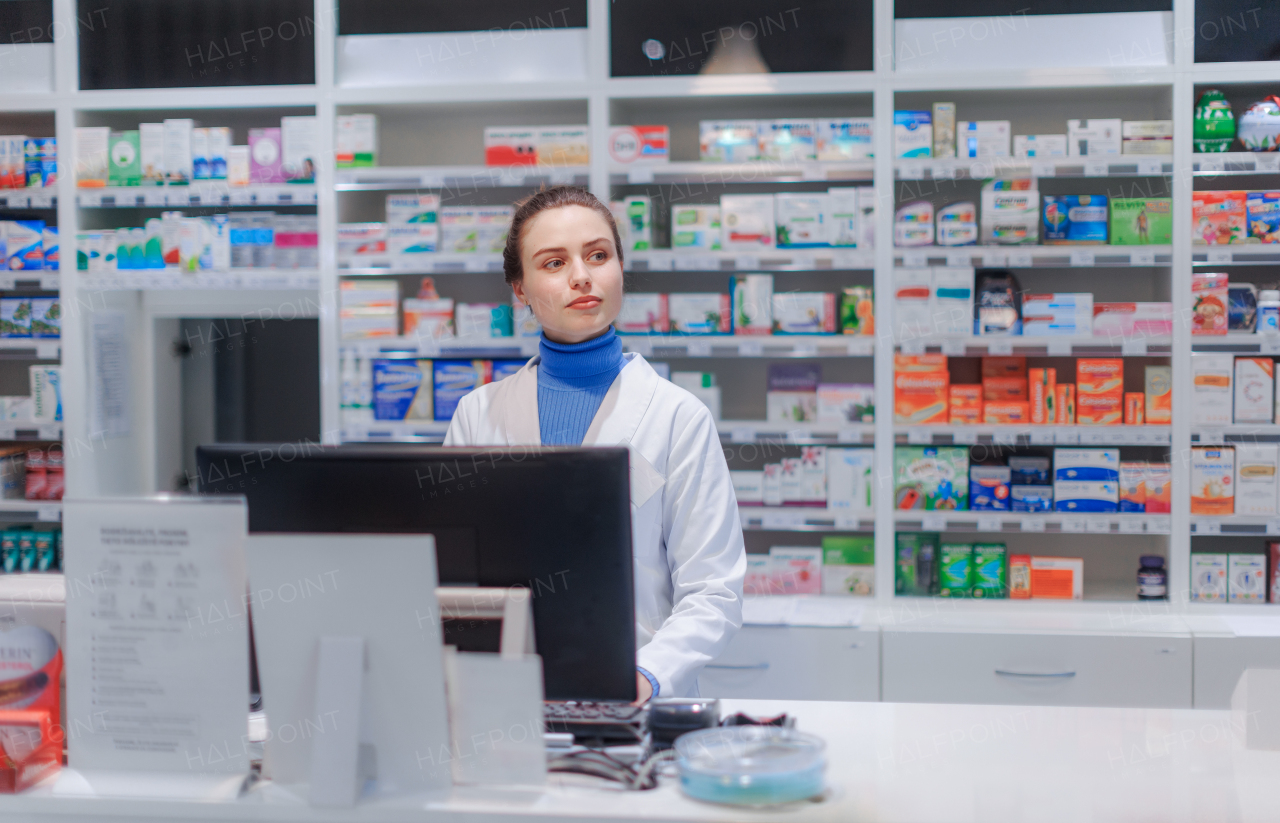 Portrait of a young pharmacist selling medication.