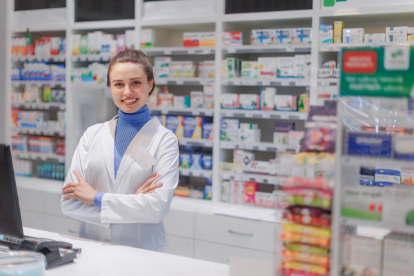 Portrait of a young pharmacist selling medication.