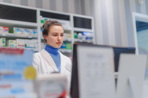 Portrait of a young pharmacist selling medication.