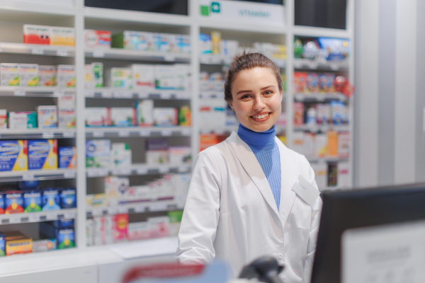 Portrait of a young pharmacist selling medication.