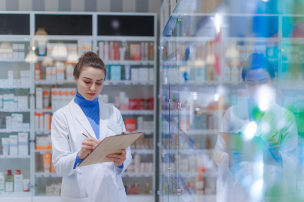 Young pharmacist checking medicine stock in a pharmacy.