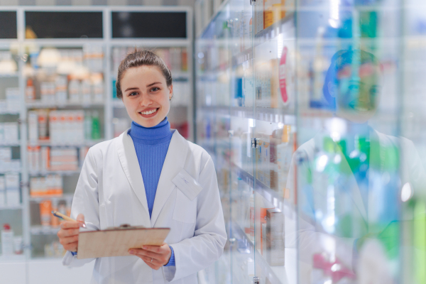 Portrait of young pharmacist in pharmacy store.