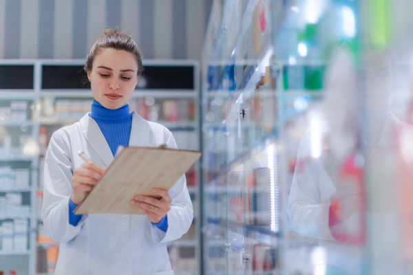 Young pharmacist checking medicine stock in a pharmacy.