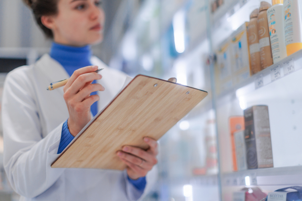 Young pharmacist checking medicine stock in a pharmacy.