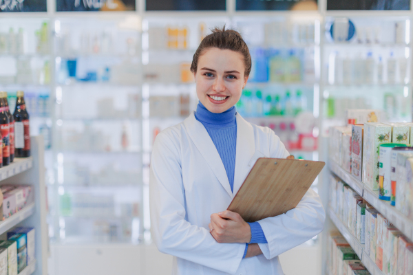 Portrait of young pharmacist in pharmacy store.