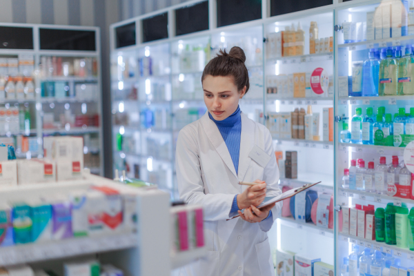 Young pharmacist checking medicine stock in a pharmacy.