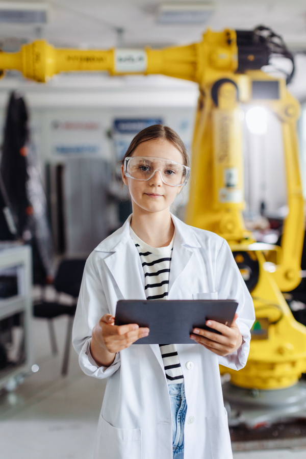 Portrait of young girl in robotic laboratory, wearing lab coat and safety eyeglasses. After-school robotics club. Children learning robotics in Elementary school.