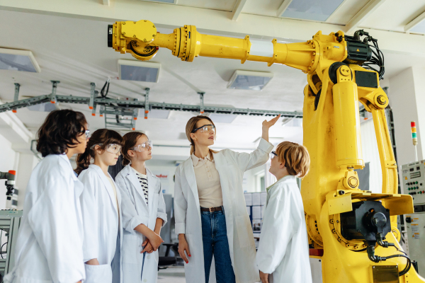 Field trip to real robotics laboratory, encouraging children in career in robotics. Real scientist talking with young students, showing them a robotic arm.