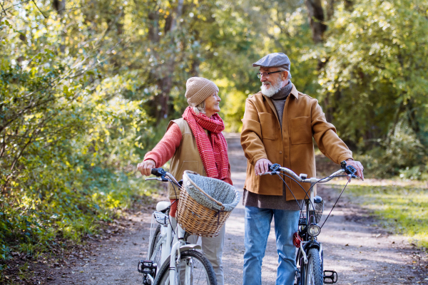 Lovely elderly couple on walk in the forest, pushing their bikes side by side. Seniors in love on stroll through autumn nature, enjoying a peaceful moment together.