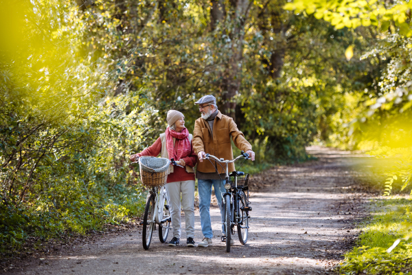 Lovely elderly couple on walk in the forest, pushing their bikes side by side. Seniors in love on stroll through autumn nature, enjoying a peaceful moment together.