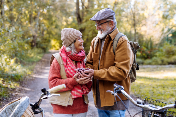 Lovely elderly couple on standing in the middle of autumn nature with their bikes, foraging for chestnuts