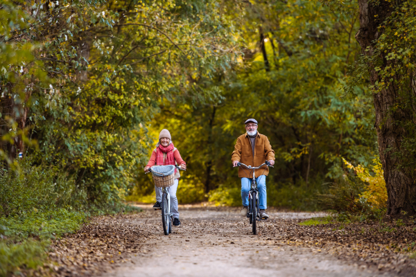 Beautiful elderly couple on bike ride in the forest. Seniors in love cycling through autumn nature, enjoying peaceful moment.