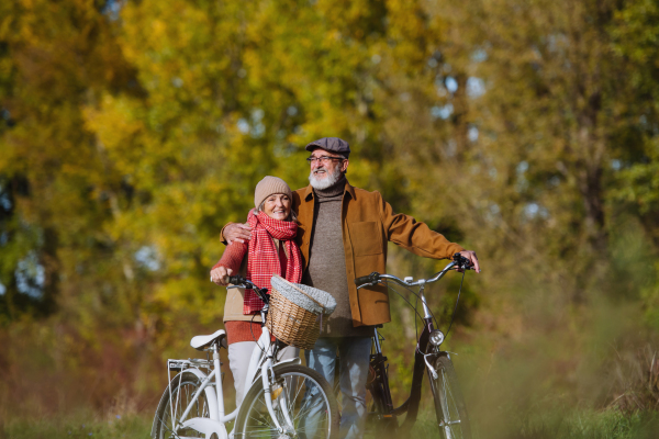 Lovely elderly couple on walk in the forest, pushing their bikes side by side. Seniors in love on stroll through autumn nature, enjoying a peaceful moment together.