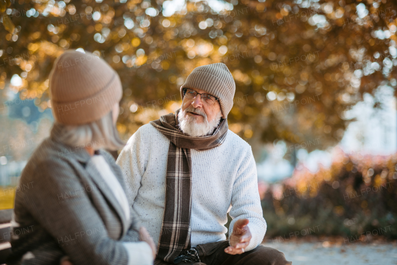 Senior couple arguing while sitting on bench in autumn park. Elderly husband and wife in the middle of conflict